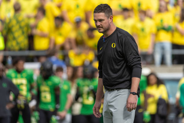 Head coach Dan Lanning of the Oregon Ducks walks on the field against the Colorado Buffaloes during the first half at Autzen Stadium on September 23,...