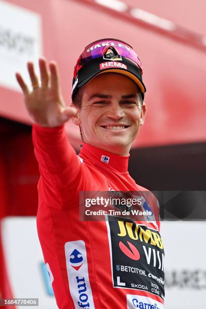 Sepp Kuss of The United States and Team Jumbo-Visma celebrates at podium as Red Leader Jersey winner during the 78th Tour of Spain 2023, Stage 20 a...