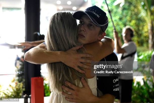 Tenth placed qualifier Liam Lawson of New Zealand and Scuderia AlphaTauri celebrates in the Paddock after qualifying ahead of the F1 Grand Prix of...