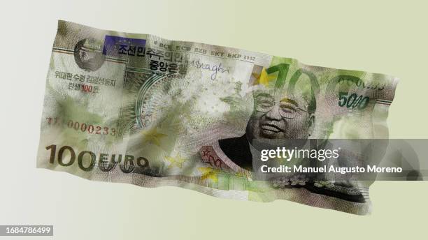 100 euro banknote and 5000 north korean won banknote - 韓国文化 個照片及圖片檔