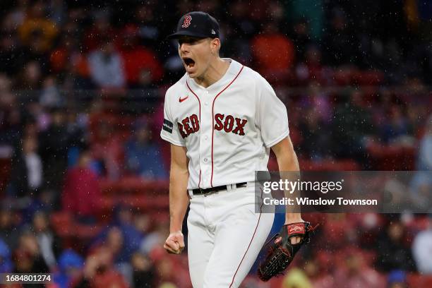 Nick Pivetta of the Boston Red Sox shouts after retiring the side of the Chicago White Sox in the seventh inning at Fenway Park on September 23, 2023...