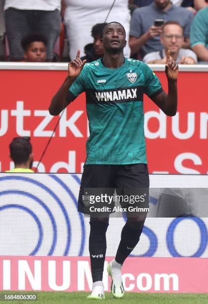 Serhou Guirassy of Stuttgart celebrates the team's third goal during the Bundesliga match between 1. FSV Mainz 05 and VfB Stuttgart at MEWA Arena on...