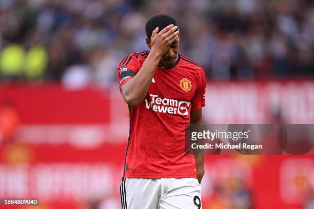 Anthony Martial of Manchester United looks dejected following defeat after the Premier League match between Manchester United and Brighton & Hove...