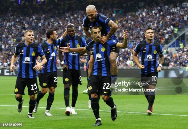 Henrikh Mkhitaryan of Inter Milan celebrates after scoring their sides first goal during the Serie A TIM match between FC Internazionale and AC Milan...