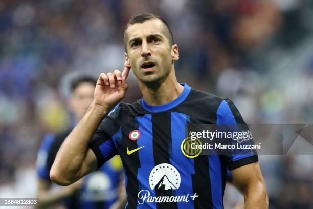 Henrikh Mkhitaryan of Inter Milan celebrates after scoring their sides first goal during the Serie A TIM match between FC Internazionale and AC Milan...