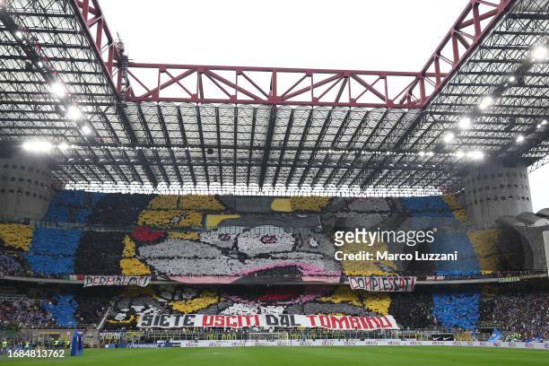 General view inside the stadium as Inter Milan fans show their support prior to the Serie A TIM match between FC Internazionale and AC Milan at...