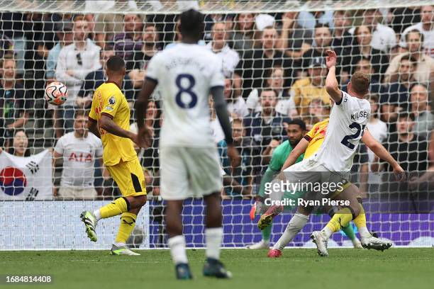 Dejan Kulusevski of Tottenham Hotspur scores the team's second goal during the Premier League match between Tottenham Hotspur and Sheffield United at...