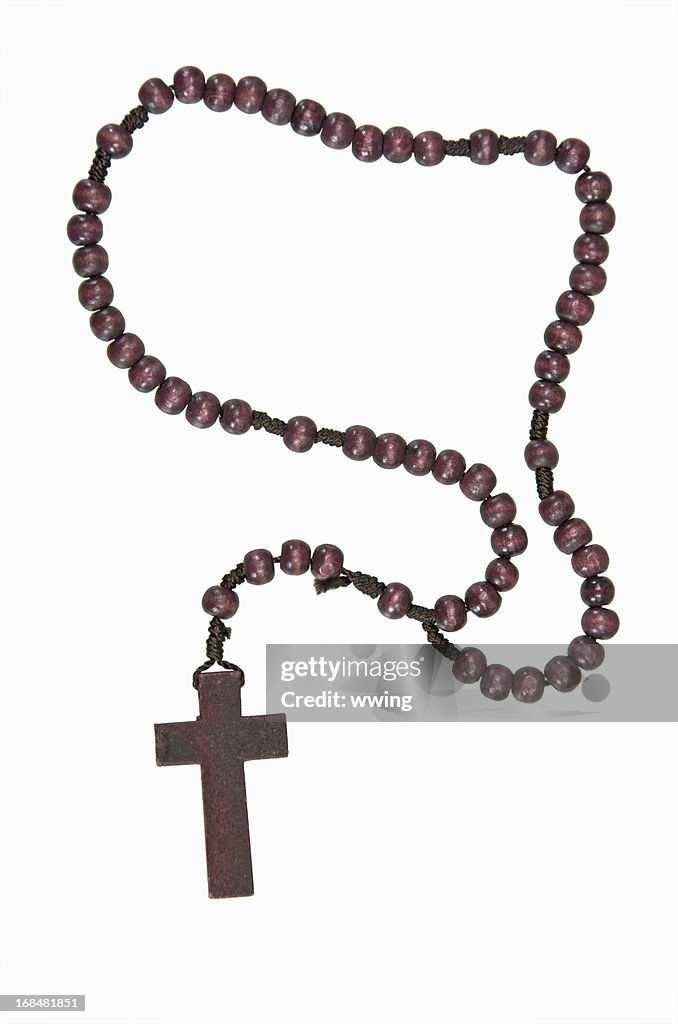 Beautiful wooden rosary beads on a white background.
