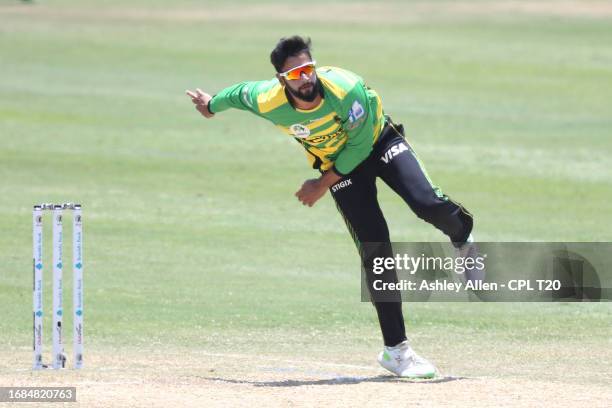 Imad Wasim of Jamaica Tallawahs bowls during the Republic Bank Caribbean Premier League T20 match between Jamaica Tallawahs and St Kitts and Nevis...