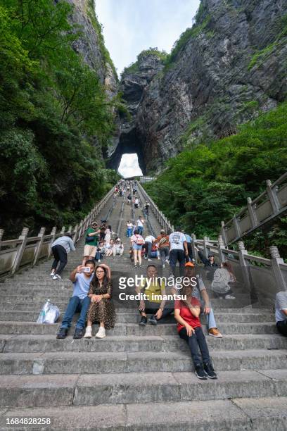staircase in the heaven's gate of tianmen shan at tianmen mountain - tianmen stock pictures, royalty-free photos & images