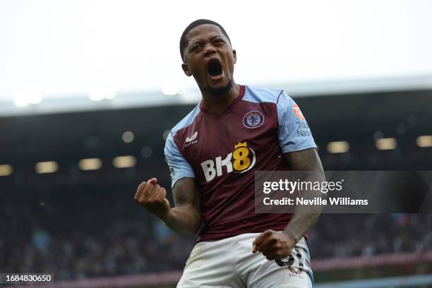 Leon Bailey of Aston Villa celebrates his goal during the Premier League match between Aston Villa and Crystal Palace at Villa Park on September 16,...