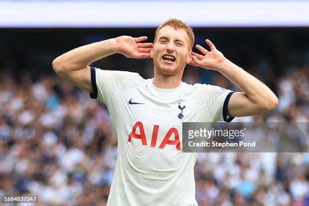 Dejan Kulusevski of Tottenham Hotspur celebrates after scoring the team's second goal during the Premier League match between Tottenham Hotspur and...