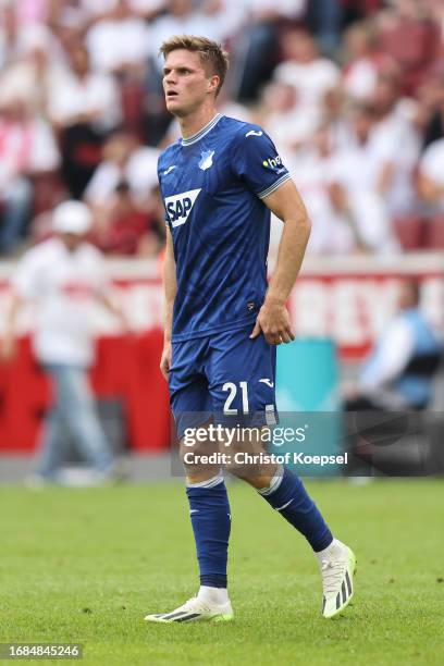 Marius Buelter of Hoffenheim reacts during the Bundesliga match between 1. FC Köln and TSG Hoffenheim at RheinEnergieStadion on September 16, 2023 in...