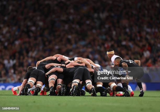 General view of a scrum during the Rugby World Cup France 2023 match between New Zealand and Namibia at Stadium de Toulouse on September 15, 2023 in...