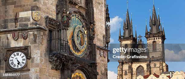 astronomical clock in prague czech republic with týn church - prague clock stock pictures, royalty-free photos & images