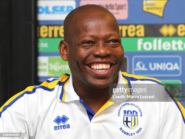 Faustino Asprilla attends the Parma FC press conference for the unveiling of the commemorative shirt for the 20th anniversary of the victory of the...