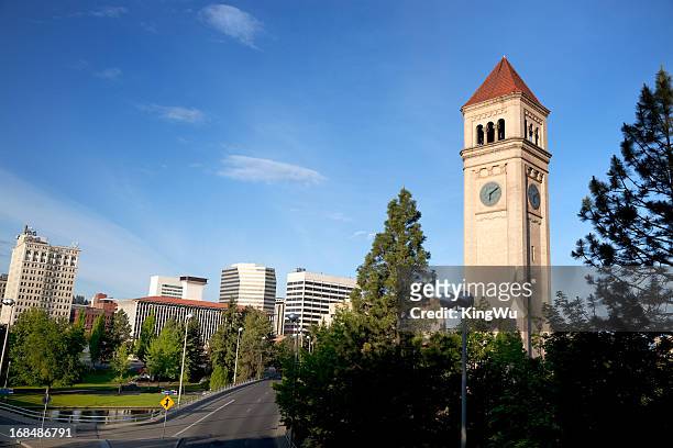 clock tower im riverfront park - riverfront park spokane stock-fotos und bilder
