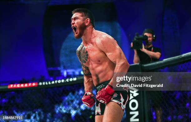 Dublin , Ireland - 23 September 2023; Johnny Eblen celebrates after winning his Middleweight fight against Fabian Edwards during the Bellator 299 at...