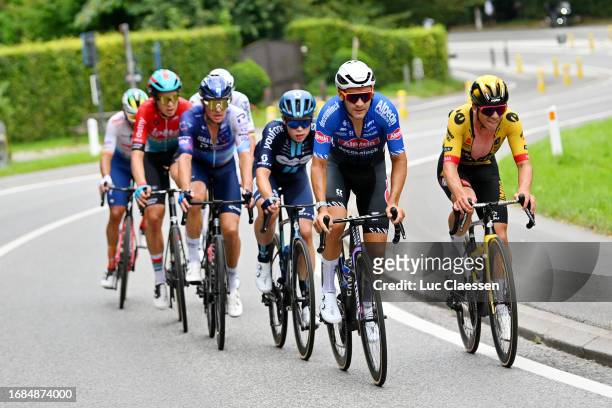 Anthony Turgis of France and TotalEnergies, Florian Vermeersch of Belgium and Team Lotto Dstny, Jakob Fuglsang of Denmark and Team Israel-Premier...