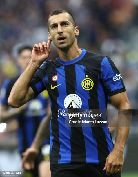 Henrikh Mkhitaryan of FC Internazionale celebrates after scoring the opening goal during the Serie A TIM match between FC Internazionale and AC Milan...