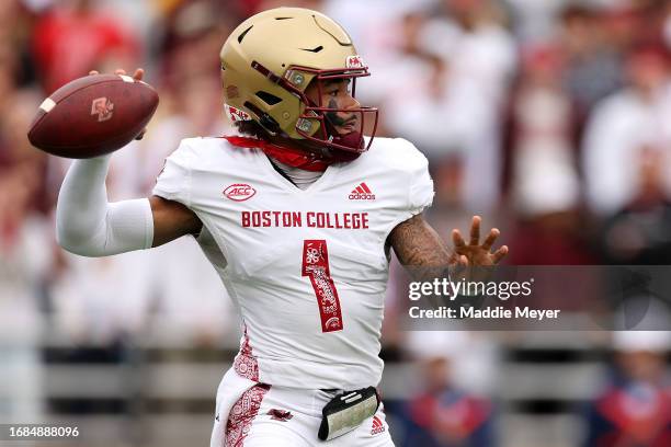 Thomas Castellanos of the Boston College Eagles makes a pass against the Florida State Seminoles during the first half of the game between the...