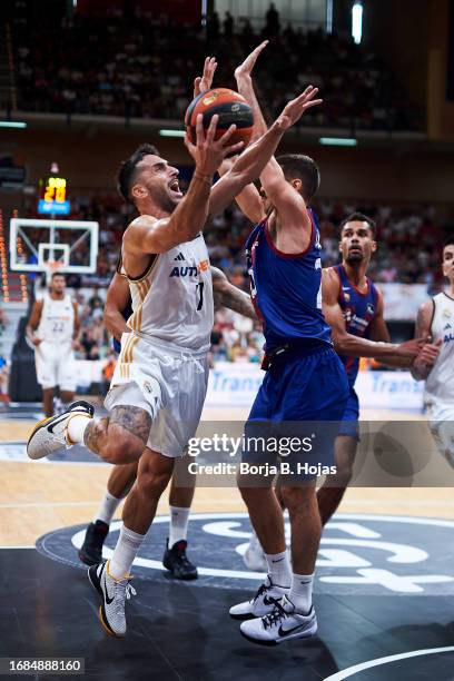 Nico Laprovittola of Barsa and Facu Campazzo of Real Madrid during Semi Finals of Supercopa of Liga Endesa match between Barsa and Real Madrid at...