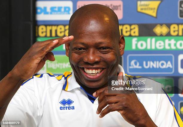 Faustino Asprilla attends the Parma FC press conference for the unveiling of the commemorative shirt for the 20th anniversary of the victory of the...