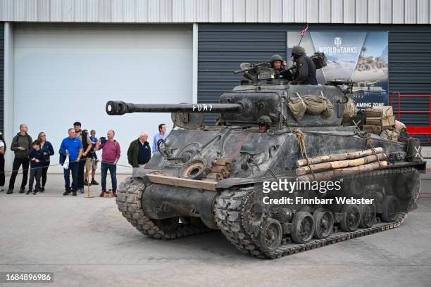 The Sherman tank used in the film 'Fury' is seen before the display at the Tank Museum, on September 16, 2023 in Bovington, Dorset. The Tank Museum's...