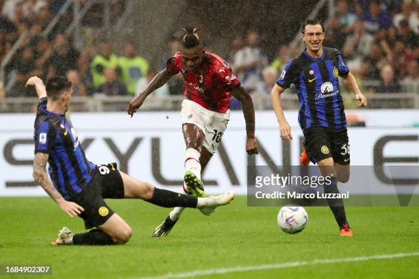 Rafael Leao of AC Milan scores their sides first goal during the Serie A TIM match between FC Internazionale and AC Milan at Stadio Giuseppe Meazza...