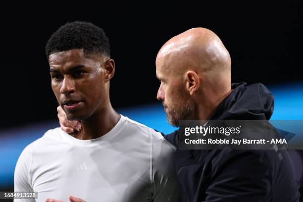 Marcus Rashford and Erik ten Hag the head coach / manager of Manchester United during the Premier League match between Burnley FC and Manchester...