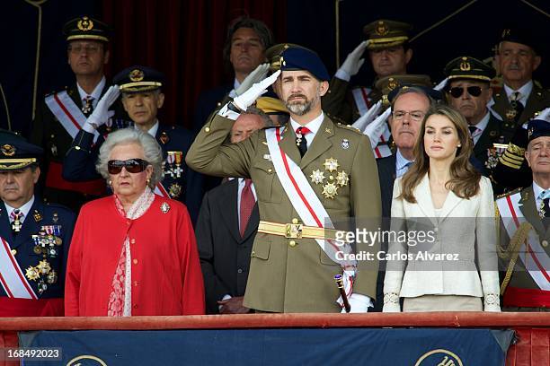 Princess Pilar de Borbon , Prince Felipe of Spain and Princess Letizia of Spain attend the Royal Guards Flag ceremony at the El Pardo Palace on May...
