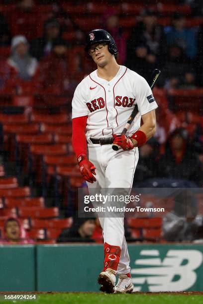 Bobby Dalbec of the Boston Red Sox heads to the dugout after his fourth striking out of the game during the ninth inning of their 1-0 loss to the...