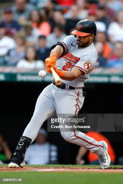 Anthony Santander of the Baltimore Orioles hits a one-run double off Cal Quantrill of the Cleveland Guardians during the first inning at Progressive...
