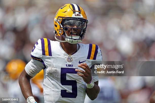 Jayden Daniels of the LSU Tigers during the first half against the Mississippi State Bulldogs at Davis Wade Stadium on September 16, 2023 in...