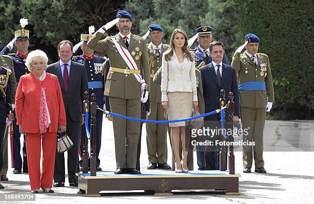 Infanta Pilar de Borbon, Prince Felipe of Spain and Princess Letizia of Spain attend the new Royal Guards flag ceremony at El Cuartel El Rey on May...