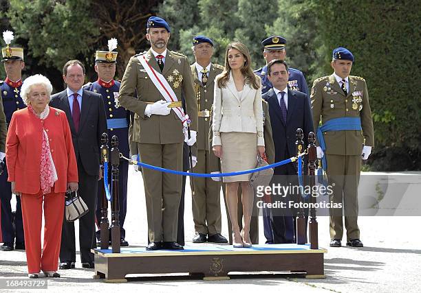 Infanta Pilar de Borbon, Prince Felipe of Spain and Princess Letizia of Spain attend the new Royal Guards flag ceremony at El Cuartel El Rey on May...