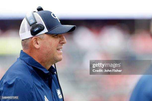 Head coach Clay Helton of the Georgia Southern Eagles looks on in the second quarter against the Wisconsin Badgers at Camp Randall Stadium on...