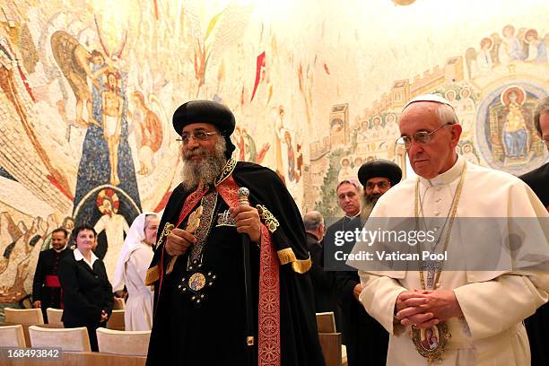 Coptic Orthodox Pope Tawadros II of Alexandria Egypt prays together with Pope Francis at the Redemptoris Mater Chapel on May 10, 2013 in Vatican...