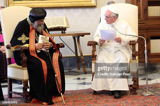 Coptic Orthodox Pope Tawadros II of Alexandria Egypt meets Pope Francis at his private library on May 10, 2013 in Vatican City, Vatican. The Joint...