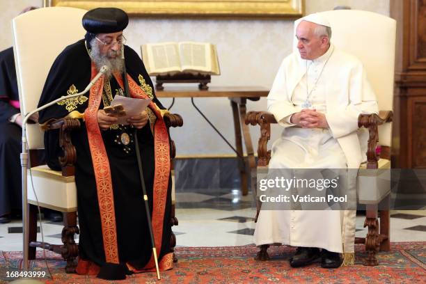Coptic Orthodox Pope Tawadros II of Alexandria Egypt meets Pope Francis at his private library on May 10, 2013 in Vatican City, Vatican. The Joint...