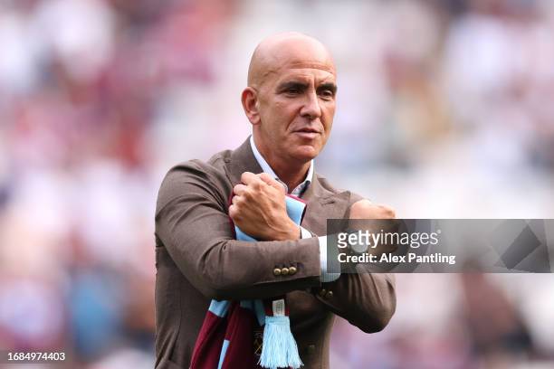 Former West Ham United player Paolo Di Canio speaks to the crowd before the match during the Premier League match between West Ham United and...