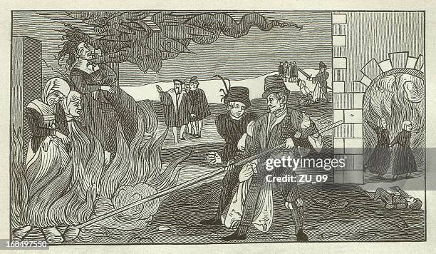 stockillustraties, clipart, cartoons en iconen met witch-burning in the county of regenstein, 1550 - heks