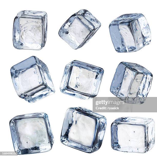 nine individual square ice cubes isolated with clipping path - ice stockfoto's en -beelden