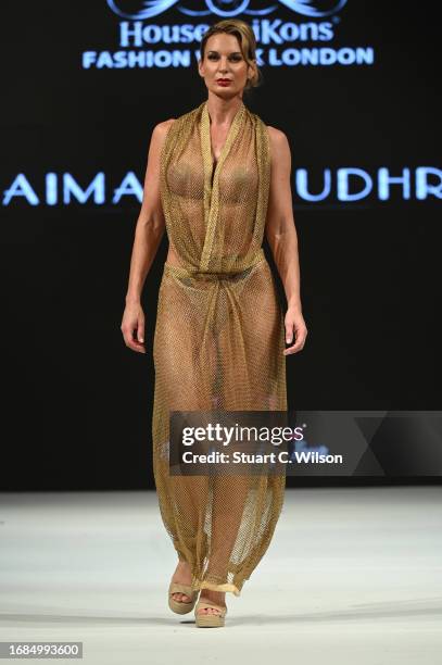 Model walks the runway for Saima Chaudhry represented by The Fashion Life Tour at the House of Ikons show during London Fashion Week September 2023...