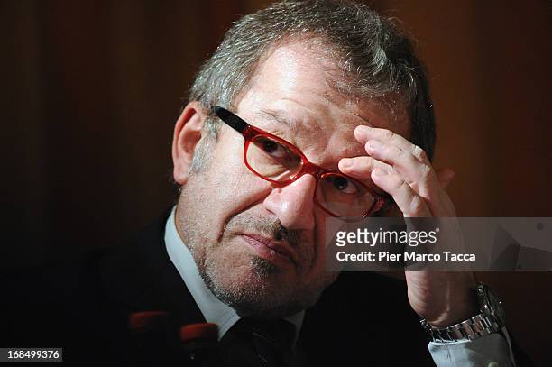 The President of Lombardy Roberto Maroni attends a press conference with the Archbishop of Milan Angelo Scola on May 10, 2013 in Milan, Italy. The...
