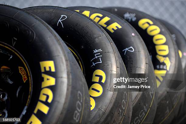 Stack of tires in the garage area during practice for the NASCAR Nationwide Series VFW Sport Clips Hero 200 at Darlington Raceway on May 10, 2013 in...