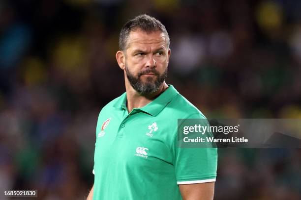 Andy Farrell, Head Coach of Ireland, looks on prior to the Rugby World Cup France 2023 match between Ireland and Tonga at Stade de la Beaujoire on...