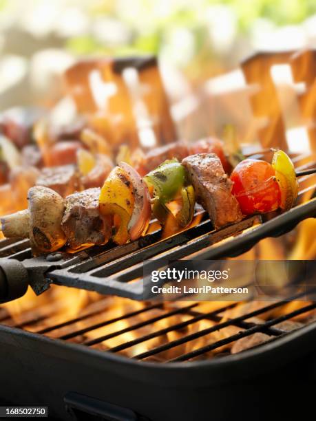 beef and vegetable kabobs on a outdoor bbq - metal decking stock pictures, royalty-free photos & images