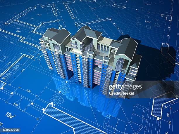 apartment building on blueprint - wire frame model 個照片及圖片檔