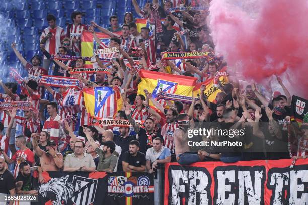 Supporters of Atletico de Madrid during the UEFA Champions League Group E match between SS Lazio v Atletico de Madrid at Stadio Olimpico Roma on...